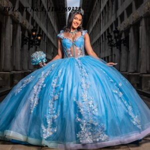 EVLAST Customized Baby Blue Princess Quinceanera Dress Ball Gown Floral Applique Beading Sweet 16 Vestidos De 15 Anos E3Q696