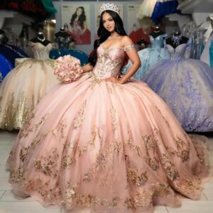 Customized Champagne Gold Ball Gowns Quinceanera Dresses for Girls Diamond Off the Shoulder Appliques Tulle Vestido De 15