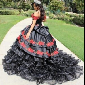 Luxury Mexican Black Quinceanera Dresses Charro Vestidos De Xv 15 Anos Oranza Tiered Halloween Costume Prom Sixteen Customized