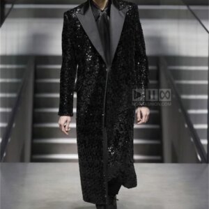 Shiny Sequins Men Suit Pants Set 2 Piece Long Blazer+Cotton Trousers Customized Office Business Jacket Prom Wedding Tuxedo Coat