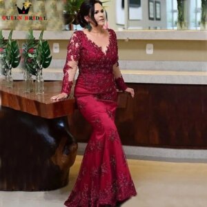 Red Mermaid Mother of the Bride Dresses Long Sleeves Illusion V-Neck Lace Applique vestido madre del novio boda 2023 Custom DT58