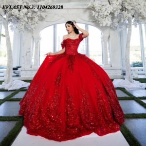 EVLAST Customized Elegant Red Quinceanera Dress Ball Gown Lace Sequins Applique Beading Bow Sweet 16 Vestidos De 15 Anos E3Q719