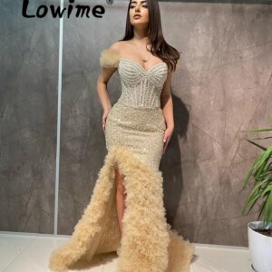 Champagne Aso Ebi Full Pearls Mermaid Prom Dress Sequined Split Side Evening Party Second Reception Birthday Engagement Dresses