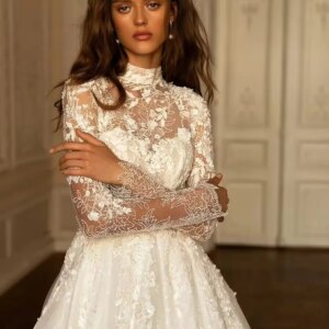 Modest High Collar Long Sleeve Wedding Dress Classic Lace Applique Dress For Bride Sparkly Bridal Gown Customized Robe De Mariée