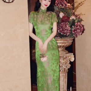 silk jacquard satin short sleeved green QIpao handmade cheongsam Chinese women tradition Hanfu Cheongsam