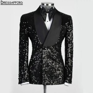 Glitter Sequined Groom Tuxedos Groomsmen Men’s Wedding Prom Suits For Men 2 Pieces(Jacket+Pants)