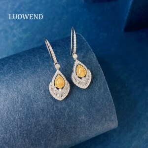 LUOWEND 100% 18K White Gold Earrings Luxury Elegant Style Real Natural Yellow Diamond Drop Earrings for Women High Party Jewelry