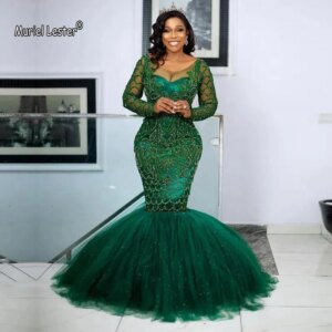 Green Mermaid Prom Dresses Beaded Long Formal Party Evening Gown Luxury Crystals Women Court Train Vestidos De Gala Customized