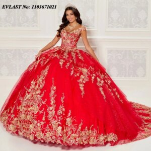 EVLAST Customized Red Quinceanera Dress Ball Gown Gold Floral Applique Beading Tiered Cape weet 16 Vestidos De XV Anos SQ282