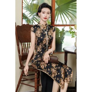 High Quality 2024 New Improved Real Silk Cheongsam High-End Temperament Long Retro Old Shanghai National Style Cheongsam