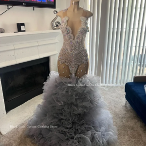 Sexy Grey Lace Mermaid Prom Dress For Women Luxury Diamante Beaded Sheer Mesh Party Customised vestido de noche elegante mujer