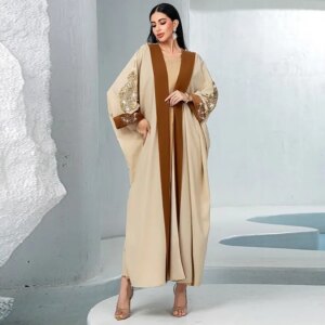Middle East Mosi Heavy Industry Rust Bead Cardigan Robe Khaki Contrast Color Style Long Sleeve Dress Arab Women’s Clothing