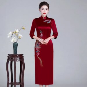 Yourqipao Mother Bride Wedding Dress Embroidered Cheongsam Party Chinese Style Wedding Dresses Long Bridal Guest Skirt for Women