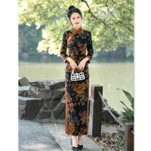 Suzhou and Hangzhou Pearl Cotton Traditional Long Cheongsam Qi Pao Wholesale Winter New Retro National Style Middle-Aged Elderly