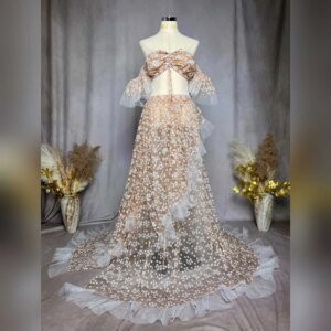 Don&Judy Boho Maternity Dresses Off-the-shoulder Tulle Printed Two-piece Set Clothes for Pregnant Women Photography Outfit Gowns