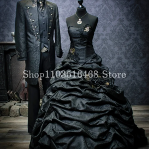 Vintage Sheath Black Wedding Dress Gothic Corset Satin Beaded Applique A-Line Poncho Halloween Party Dress Customized