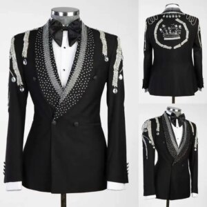 Unique Customization Mens Wedding Tuxedos Ceremony Double Breasted Crystal Beads Groom Wear Party Birthday Pants Suits 2 Pieces