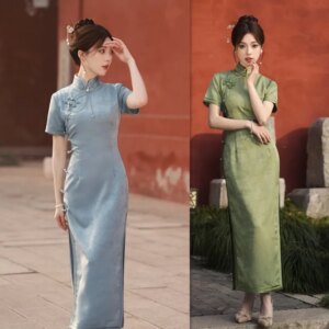 Fashion Improvement Young Girl’s Watermark Jacquard Long Cheongsam Qi Pao Spring and Summer New Daily