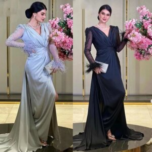 Customized Simple V-Neck Evening Dresses Beaded Feathers Long Sleeves Pageant Party Birthday Gowns Side Slit