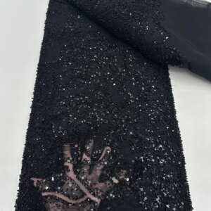 Black African Sequins Lace Fabric 2025 5Yards High Quality French Nigerian Beaded Lace Sewing For Women Wedding Dresses 5 Yards