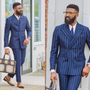 Classic Pinstripe Wedding Tuxedos 2 Piece Set Jacket Pants Double Breasted Men Suit Trim Fit Customized Groom Wear Party Suits