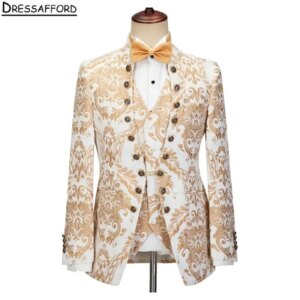 White Jacquard Formal Wedding Suits Men’s Business Suit 3 Pieces (Jacket+Vest+Pants) Man Tuxedo Groom Wear