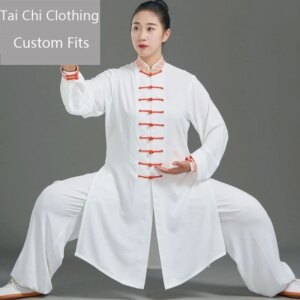 White Long Style Tai Ji Suit Women’s New Men’s Spring and Summer Embroidery Exercise Clothing