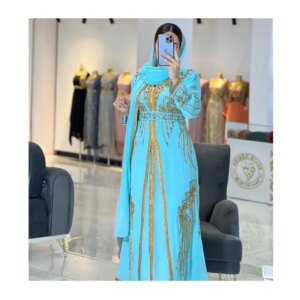 Turquoise Zari Crystal Moroccan Work Dubai Caftan African Wedding