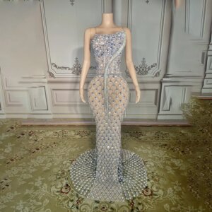 Customize Sexy Sparkling Diamond Sling Backless Long Party Evening Dress Shinny Rhinestone High Neck Crystal Mermaid Mesh Dress
