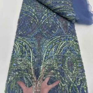 5 Yards Gold Beaded Lace Fabrics Sequins Tulle Lace African Fabric Lace High Quality 2025 Green Beads Fabrics For Sewing KB4791