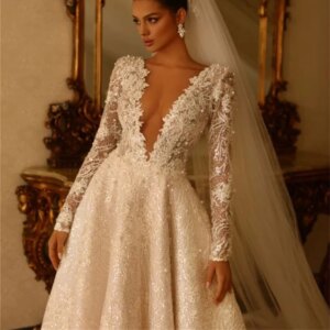 White Deep V Neck Long Sleeve Wedding Dresses Elegant Floor-Length Party Vestidos De Novia