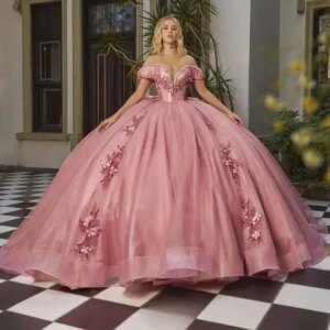 Customized Pink Bling Rhinestones 15 Quinceanera Ball Gown Royal Train Off the Shoulder Flower Applique Vestidos De Graduaction