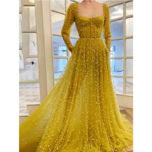 Fashion Pearls Evening Dresses Chic Sweetheart Long Sleeves Yellow Prom Dress Elegant Sweep Train A-Line Party Dresses