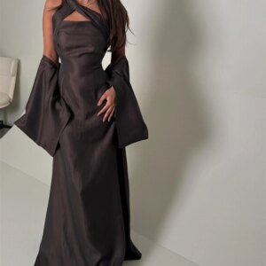 Customized Exquisite Girdling Jersey Evening Dress Modern Ruched Halter Cap Sleeve Long Sleeves Sweep Train Vestido De