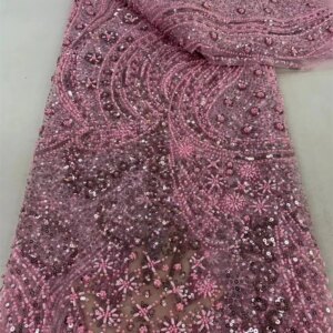 Pink Embroidery African Handmade Beaded Lace Fabric 2024 Groom Nigerian French Sequins Net Lace Fabrics for Evening Dress Q25-1