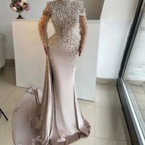Luxury Pearls Prom Dresses with Detachable Train High Neck Long Sleeve Crystal Evening Gown Satin Mermaid Formal Dress for Women
