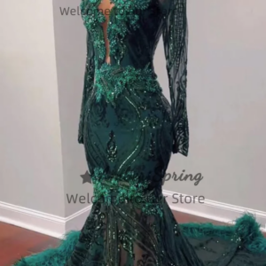 Sparkly Dark Green Mermaid Prom Dress For Black Girls Beading Diamonds Crystal Long Sleeves Birthday Party Dress Customized