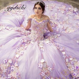 Applique Quinceanera Dresses Party Elegant Beading Pearl Evening Prom Dress for Women Off the Shoulder Light Purple Ball Gown