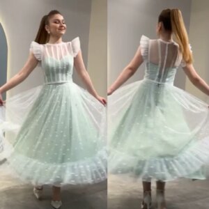 Customized Fashion Tulle Pattern Beading Ruched A-line High Collar Midi Dresses Evening Dresses Elegant Exquisite Sexy Sparkle