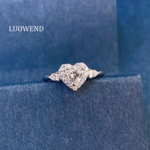 LUOWEND 100% 18K White Gold Rings Luxury Heart Shape Real Natural Diamond Engagement Ring for Women High Wedding Jewelry