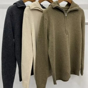 Dark Grey Woollen Knitted Hoodie Half Zipper Pullover Women Sweater