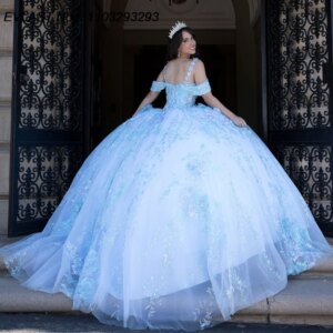 EVLAST Customized Sky Blue Ball Gown Quinceanera Dress Lace Applique Beading Mexico Corset Sweet 16 Vestidos De 15 Anos E1Q582