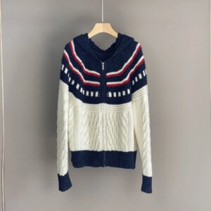 Spring B*C Women’s Wool Cashmere Cardigan Color Contrast Pattern Long Sleeve Fashion Ladies Knitted Hooded Sweater