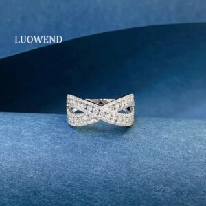 LUOWEND 100% 18K White Gold Rings Elegant Cross Shape 1.15carat Real Natural Diamond Engagement Ring for Women Wedding Jewelry