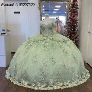 EVLAST Customized Green Quinceanera Dress Ball Gown 3D Floral Applique Beaded Tiered Corset Sweet 16 Vestido De 15 Anos QD1004