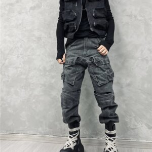 Avant-Garde Retro Washed Stitching Multi-Pocket Tactical Overalls Personality Matchet Pants Trendy Loose Casual