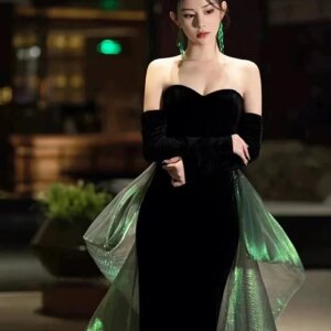 Velvet Mermaid Celebrity Dresses Strapless Detachable Green Train Floor-Length Woman Prom Trumpet Sexy Evening Host Gowns 2024