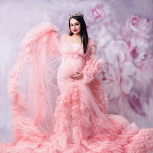 Illusion Pink Prom Dresses Sexy V Neck Long Sleeves Pregant Gowns Woman Ruffles Maternity Photography Props Customized Dresses