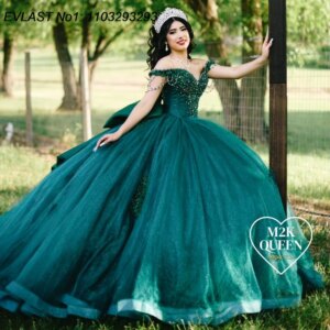 EVLAST Customized Emerald Green Quinceanera Dress Ball Gown Applique Beading Corset Bow Sweet 16 Vestido De 15 Anos E1Q531