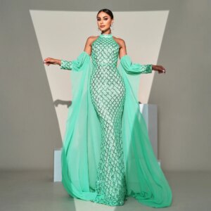 2024 Green Chic Elegant Round Neck Sequin Mermaid Evening Gown Wedding Birthday Party Formal Occasion Robe Dresses